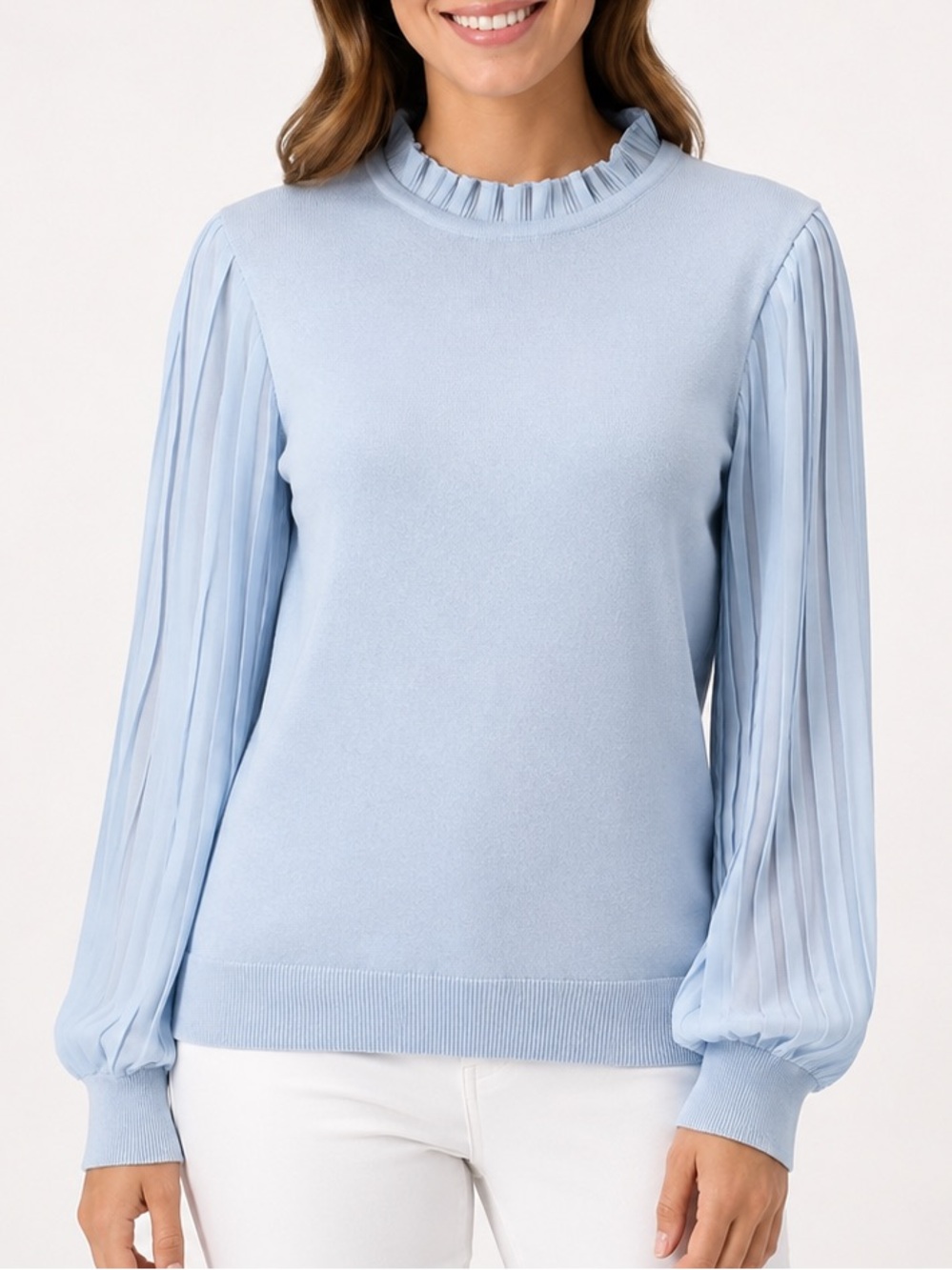 Adrianna Papell Blue Pleated Sleeve Sweater Large Ruffle Mock Neck Knit Blouse